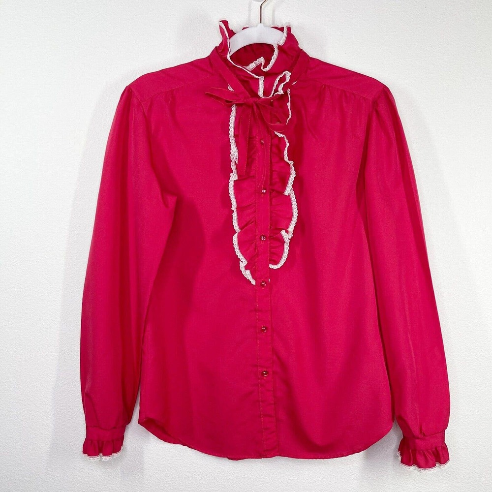 Vintage Laura Mae Lace Ruffle Blouse Sz 10‎ Red High Neck Pullover Long Sleeve
